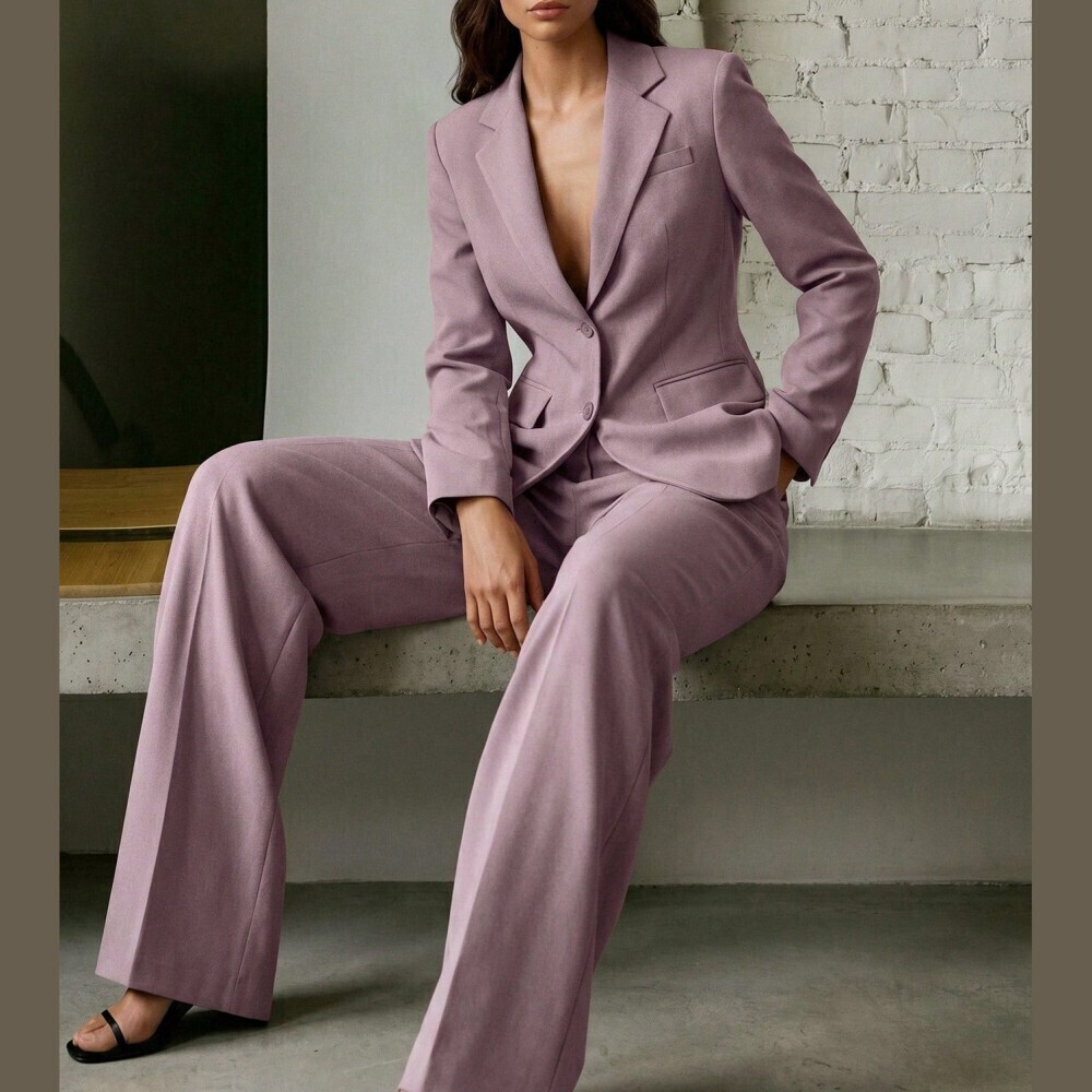 Lilac Notched Lapel Blazer Strapless Top Wide Leg Trouser Three Piece Set